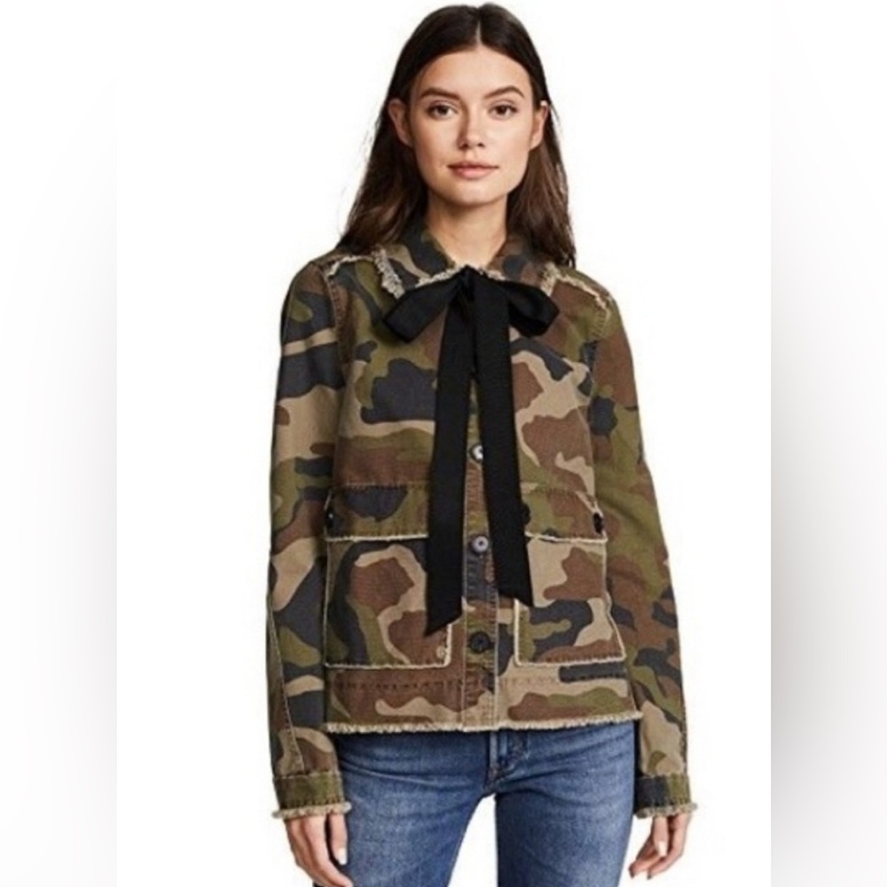 Veronica Beard Mercer Black Bow Camo Distressed Jacket Like New